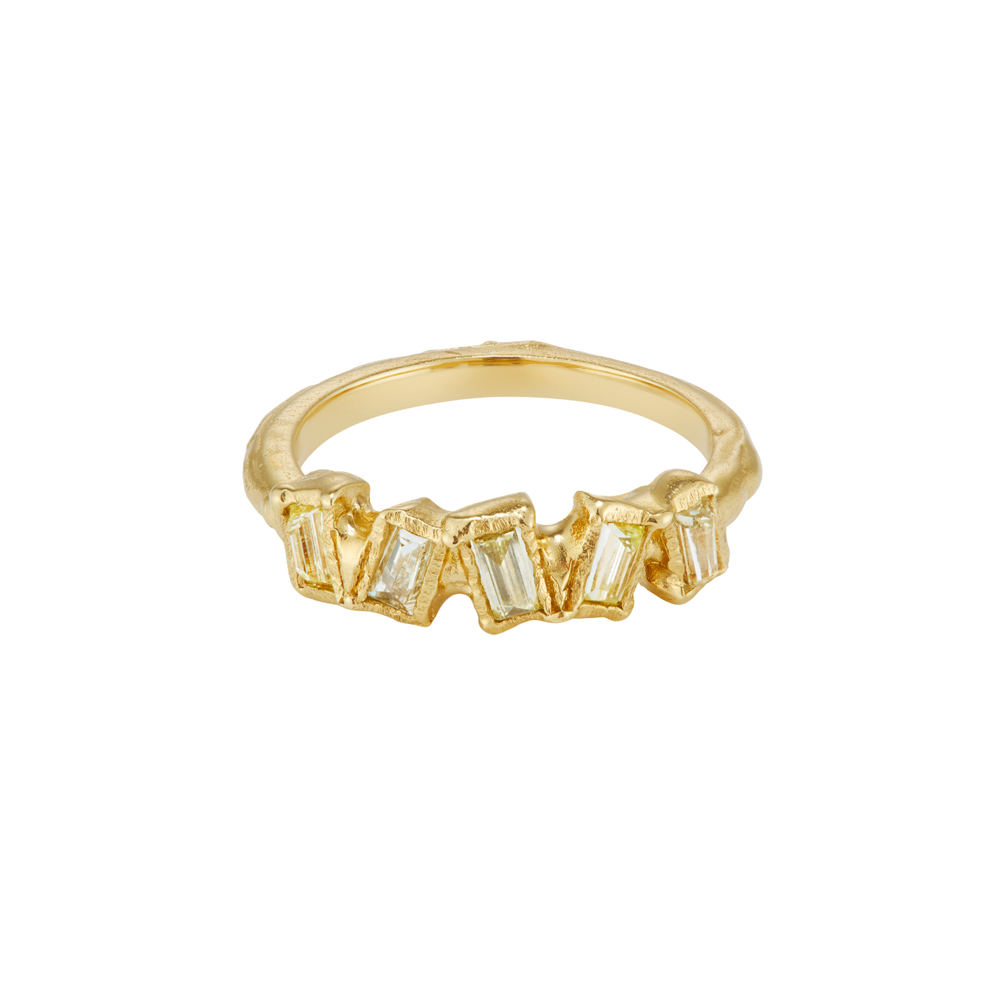 Ellis Mhairi Cameron - Gold ring with baguette-cut gemstones on a white background
