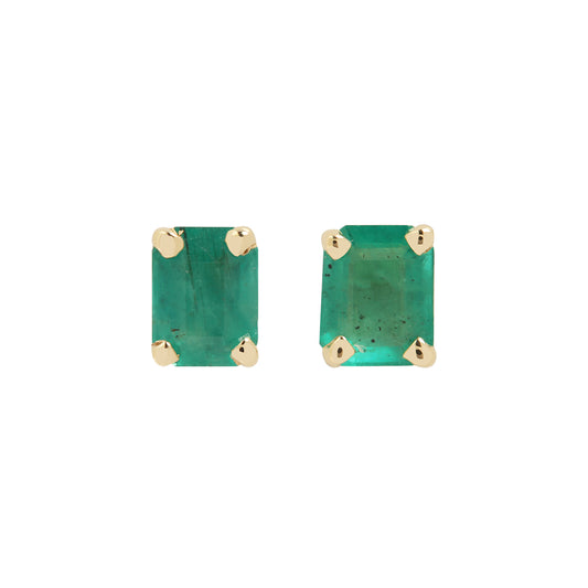 Green square stud earrings with gold accents on a white background