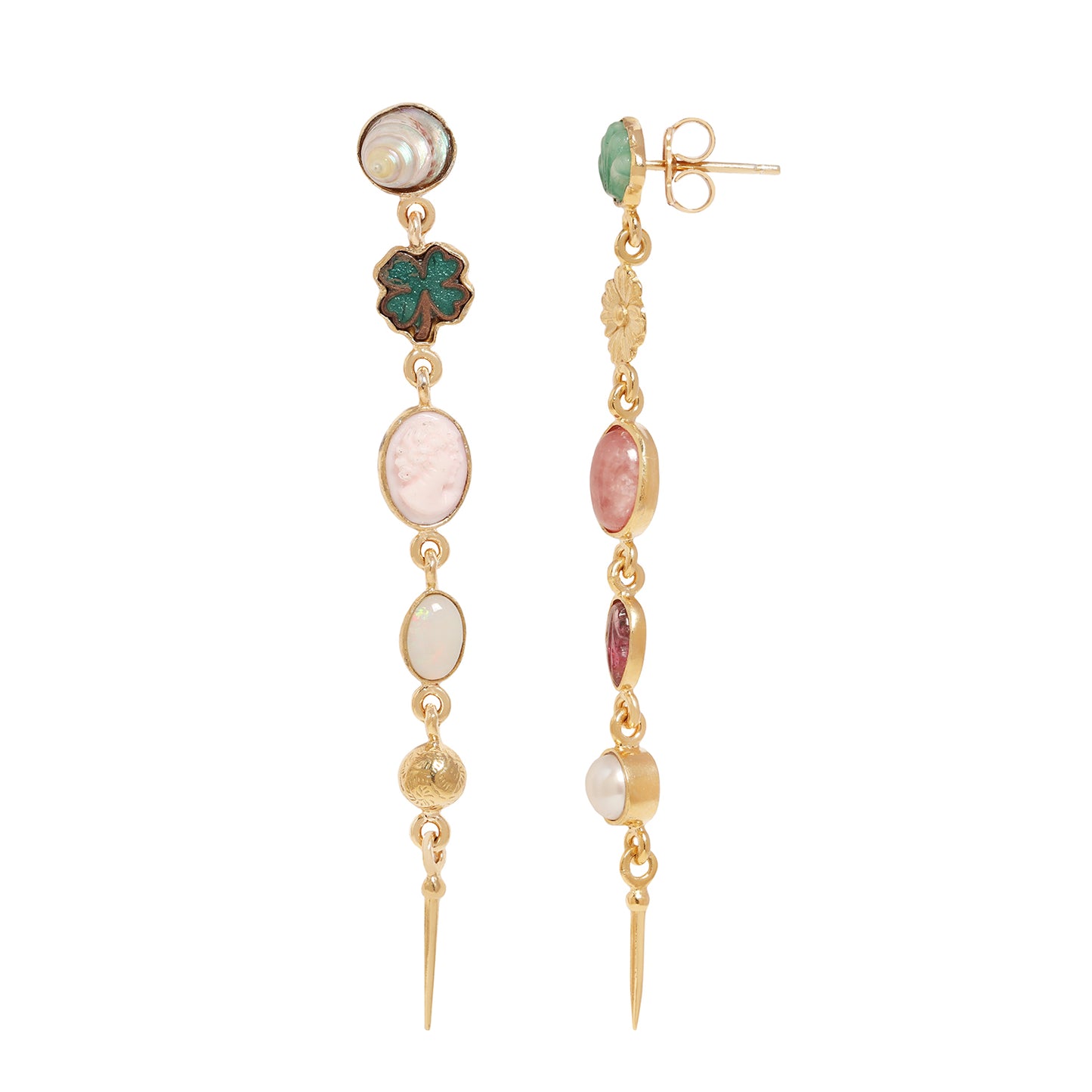 A pair of gold dangle earrings featuring a variety of colorful stones and charms, including a green clover, pink and white oval stones, and a pearl, shown against a plain white background.