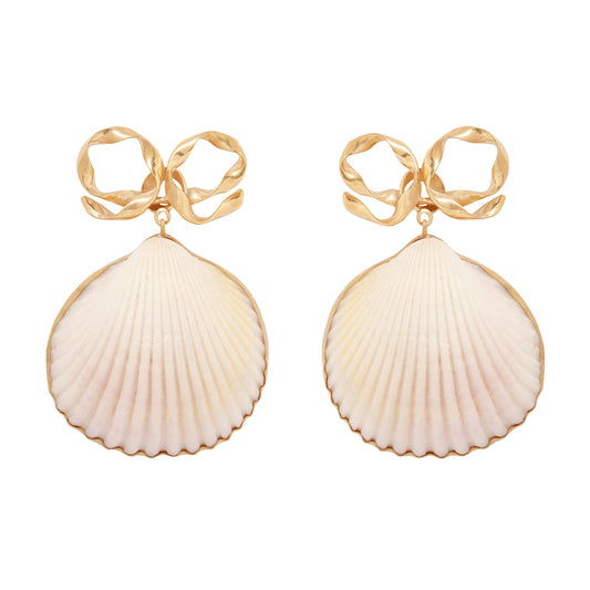Shell-shaped earrings with gold accents on a white background
