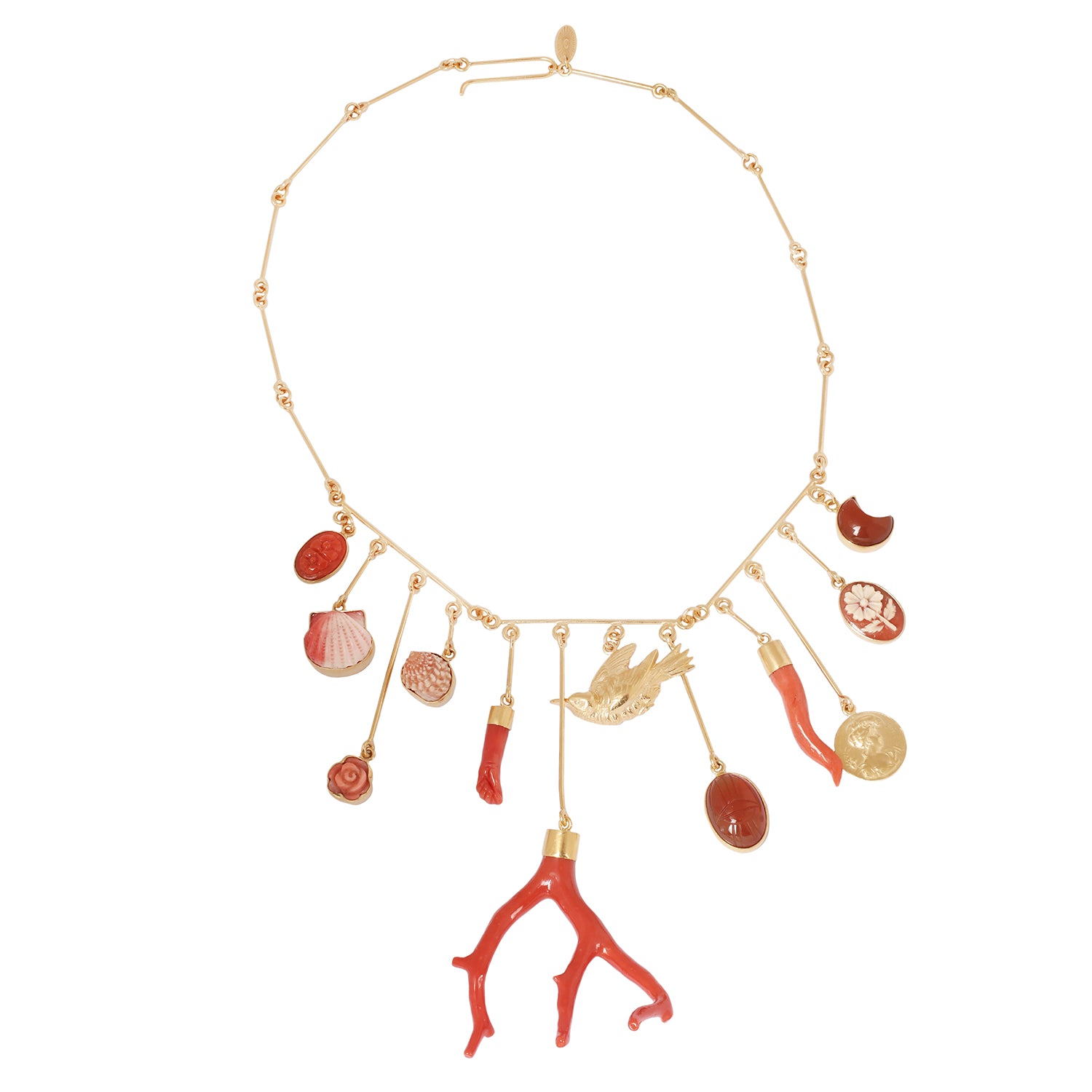 Necklace with various charms including a red coral branch on a white background