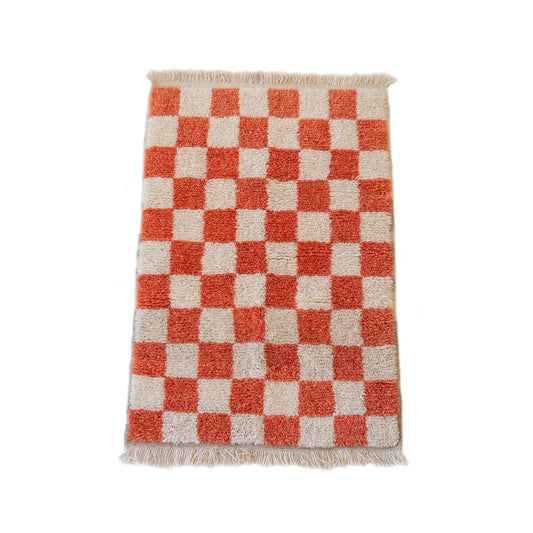 Small Orange Checkerboard Moroccan Rug