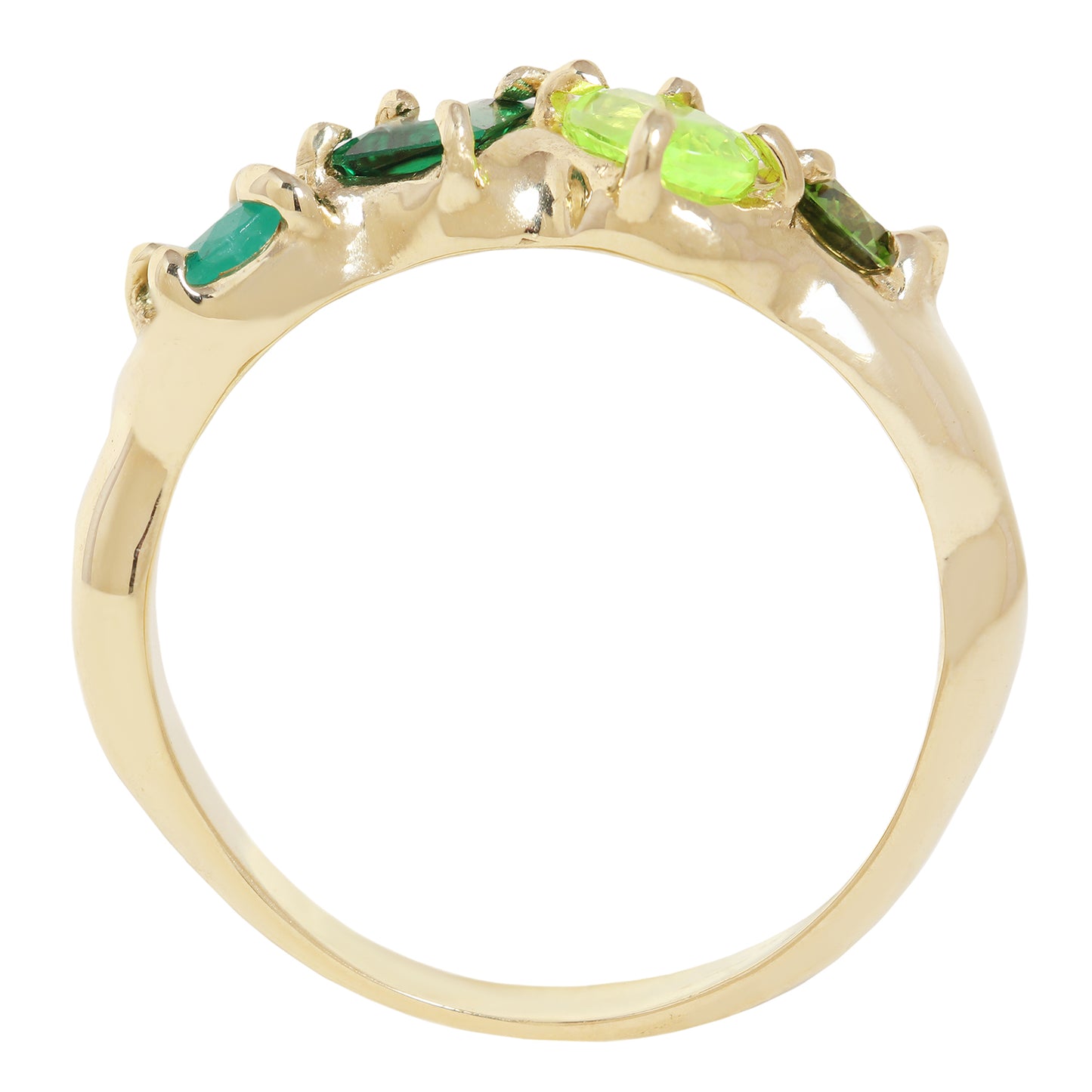 A yellow gold ring featuring five marquise-cut green gemstones set in a curved row along the top, shown against a plain white background.