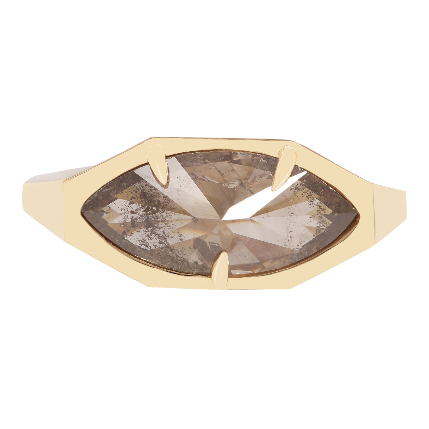 Lauren Wolf - Gold ring with a large, faceted gemstone on a white background