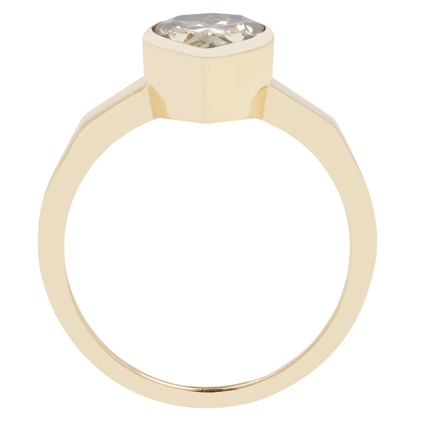 Gold ring with a large teardrop-shaped green diamond on a white background