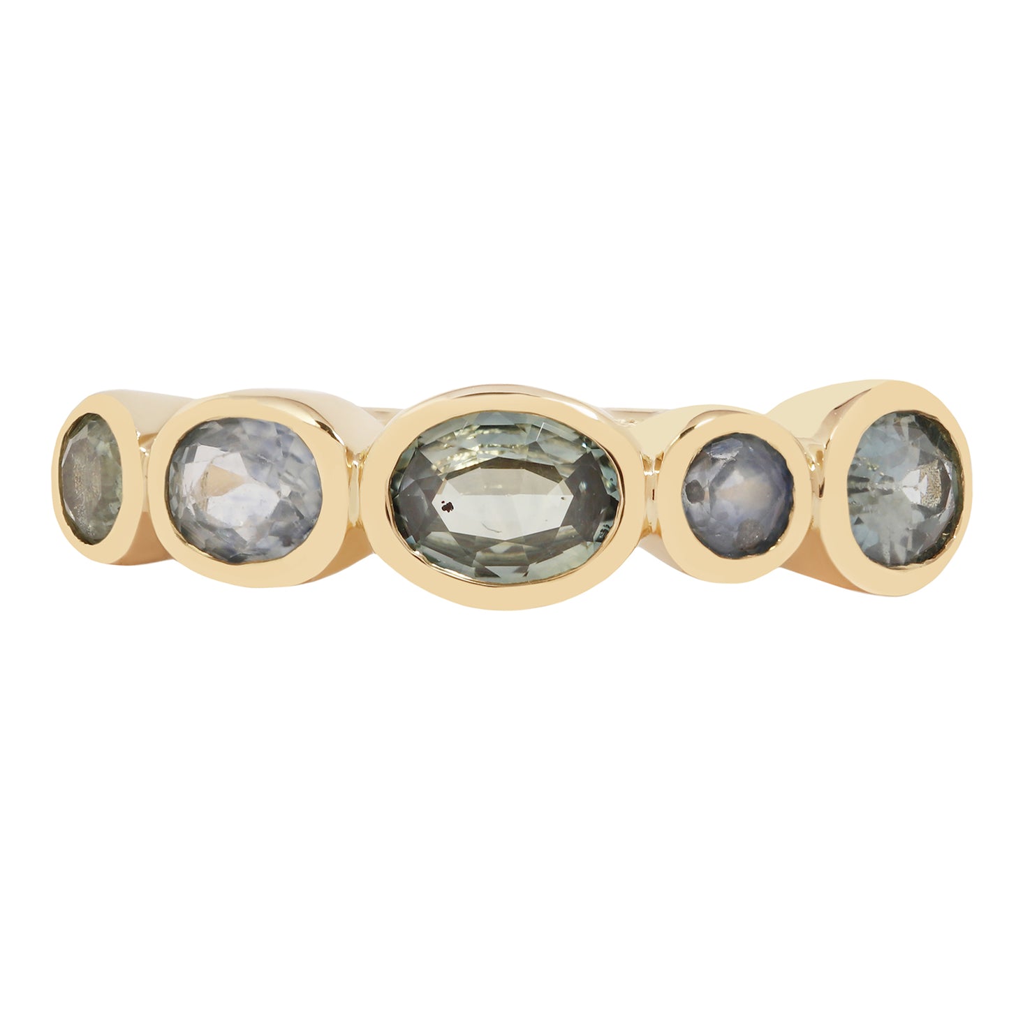 Lauren Wolf - Gold ring with five green gemstones on a white background