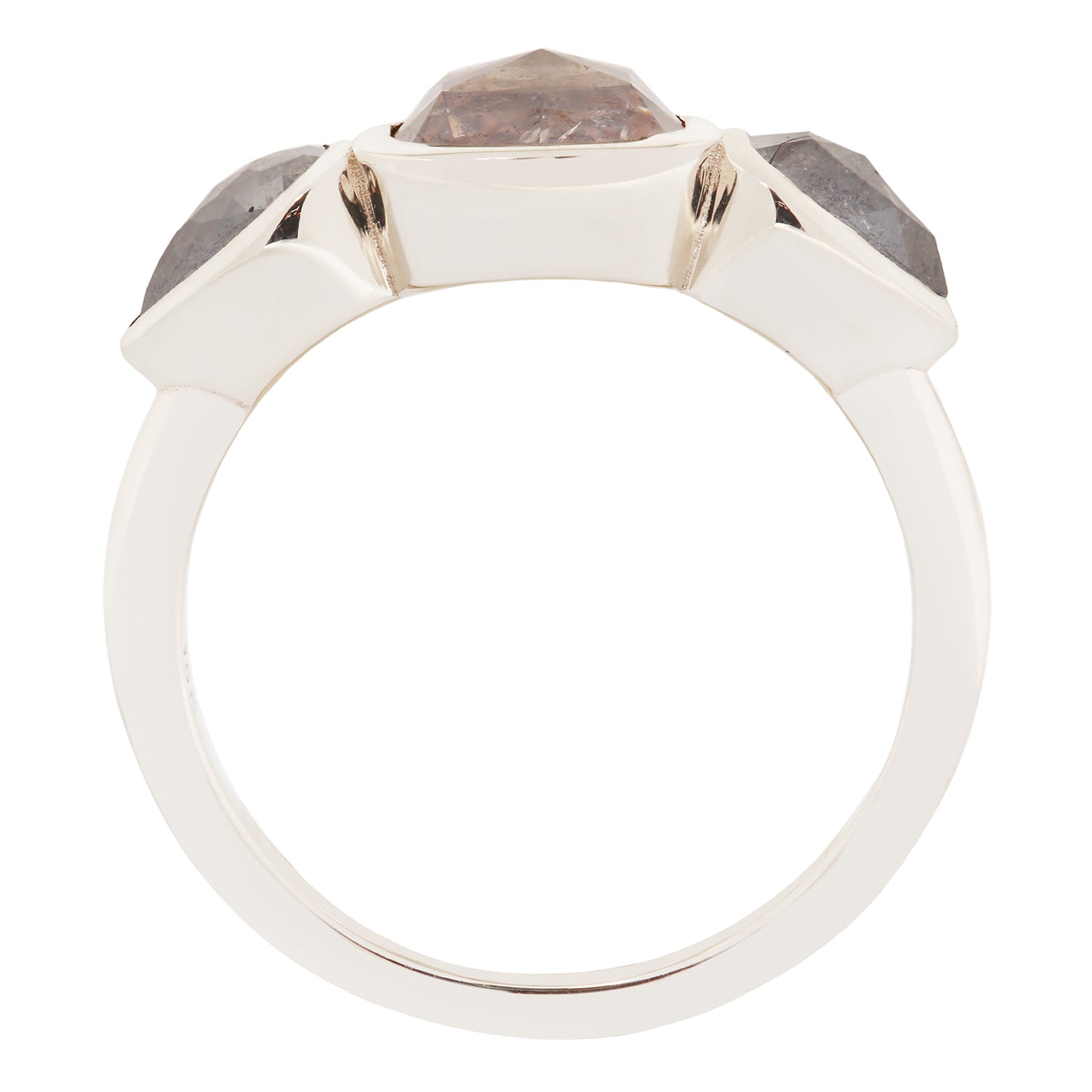 White gold ring with gray gemstones on a white background