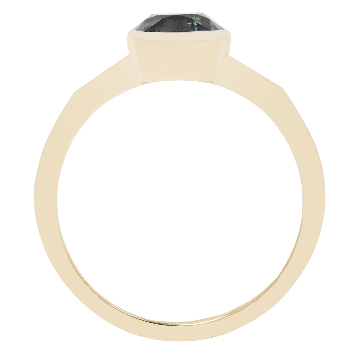 A gold ring with a large, faceted dark gray or black gemstone, shown from a top-down perspective on a plain white background.