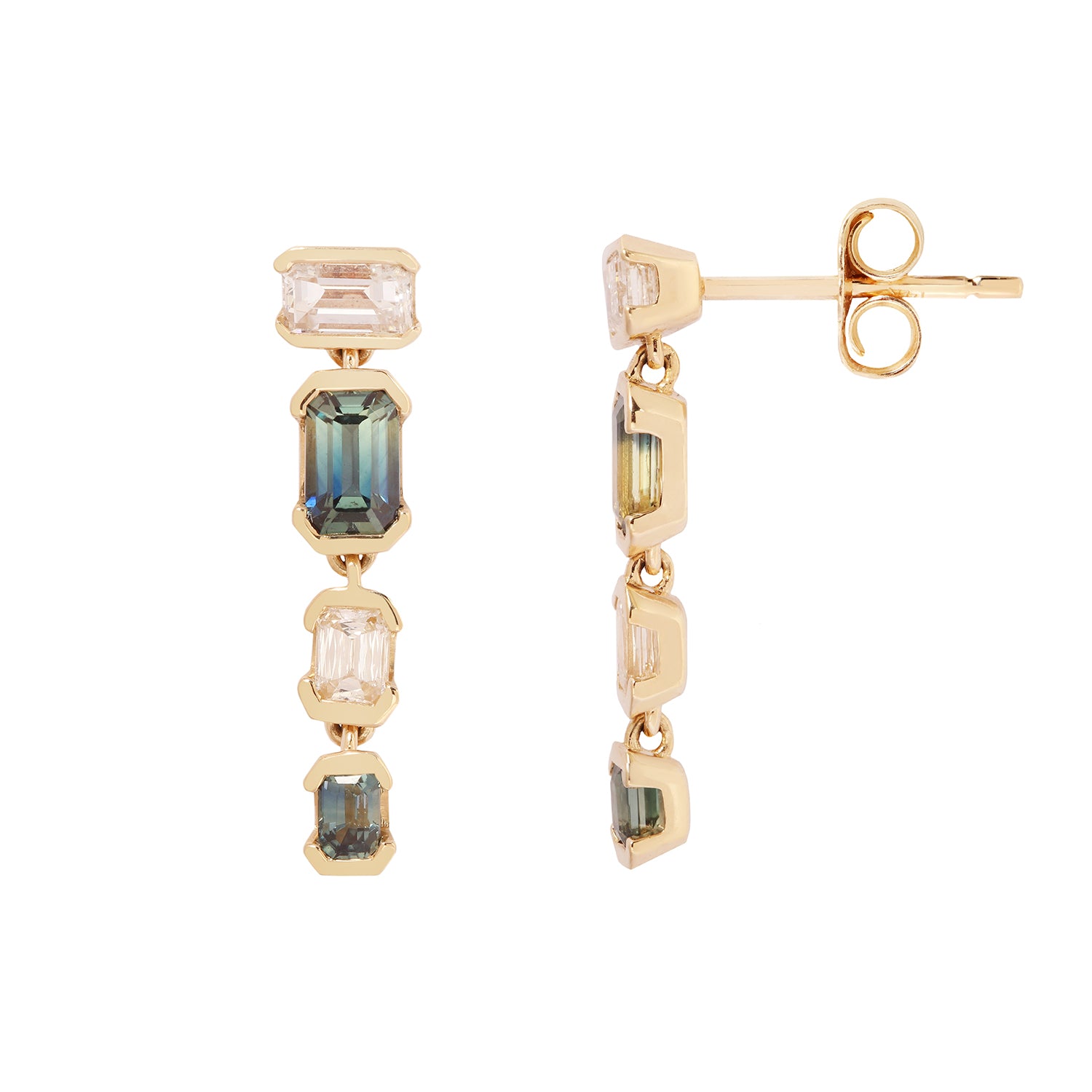 Gold earrings with gemstones on a white background