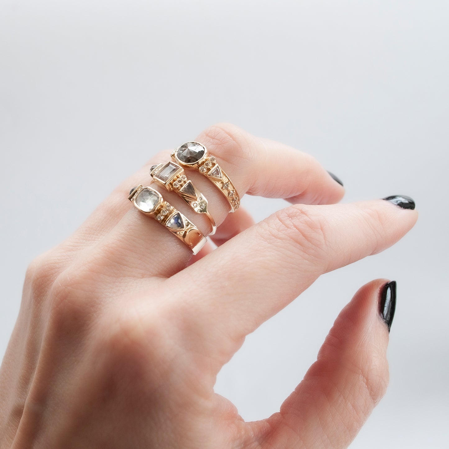 Moonstone and Diamond Crescent Totem Ring