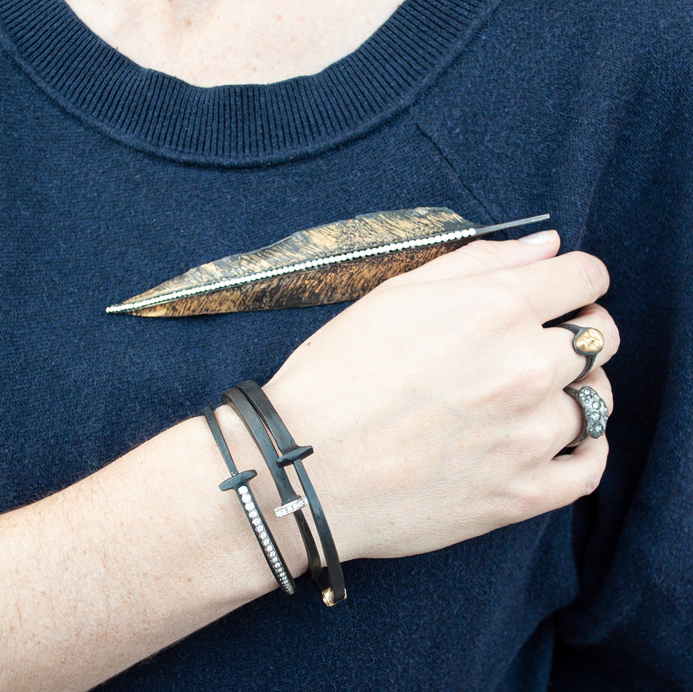 Iron + Diamond Feather Brooch