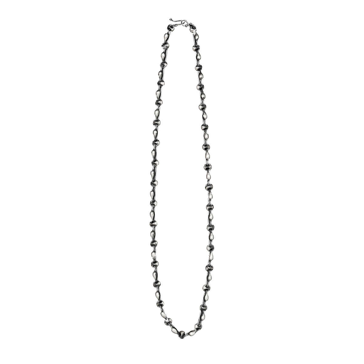 A dark silver beaded chain necklace with a lobster clasp, displayed vertically against a solid white background.