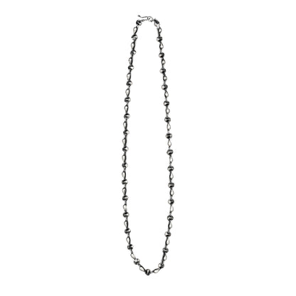 A dark silver beaded chain necklace with a lobster clasp, displayed vertically against a solid white background.