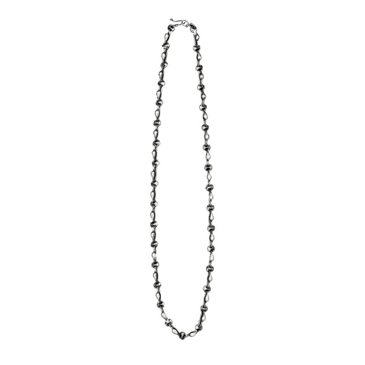A dark silver beaded chain necklace with a lobster clasp, displayed vertically against a solid white background.