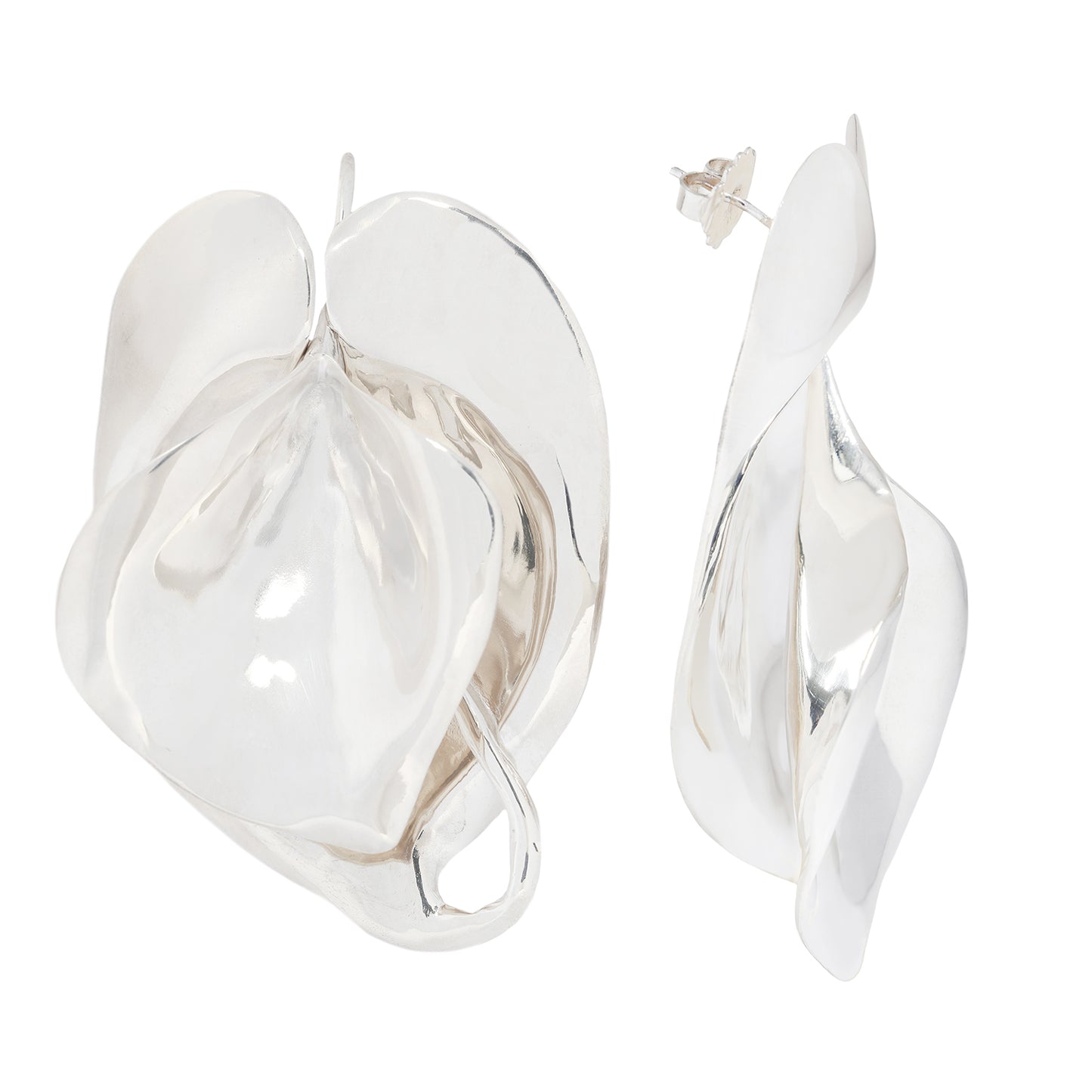 Silver leaf-shaped earrings on a white background