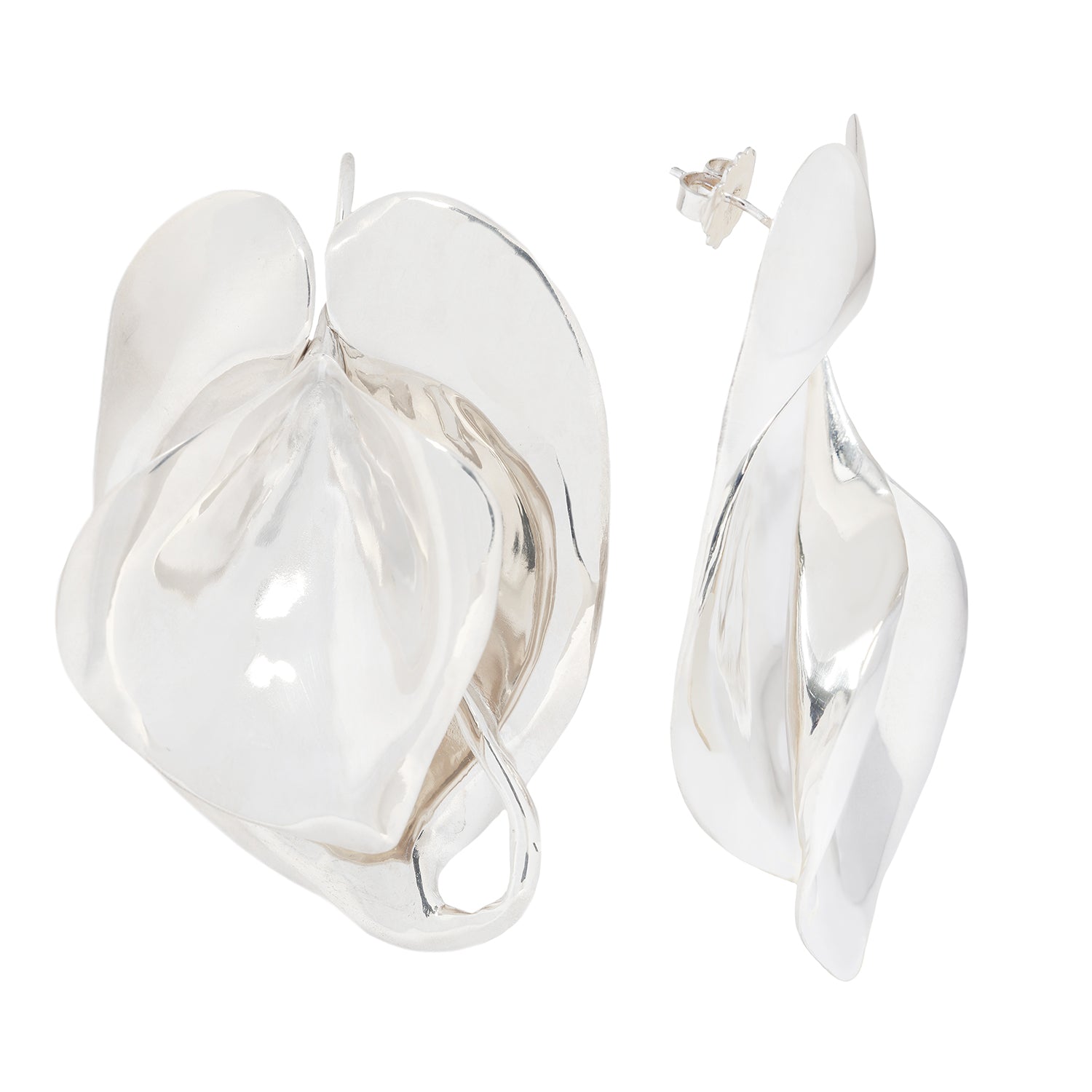 Silver leaf-shaped earrings on a white background