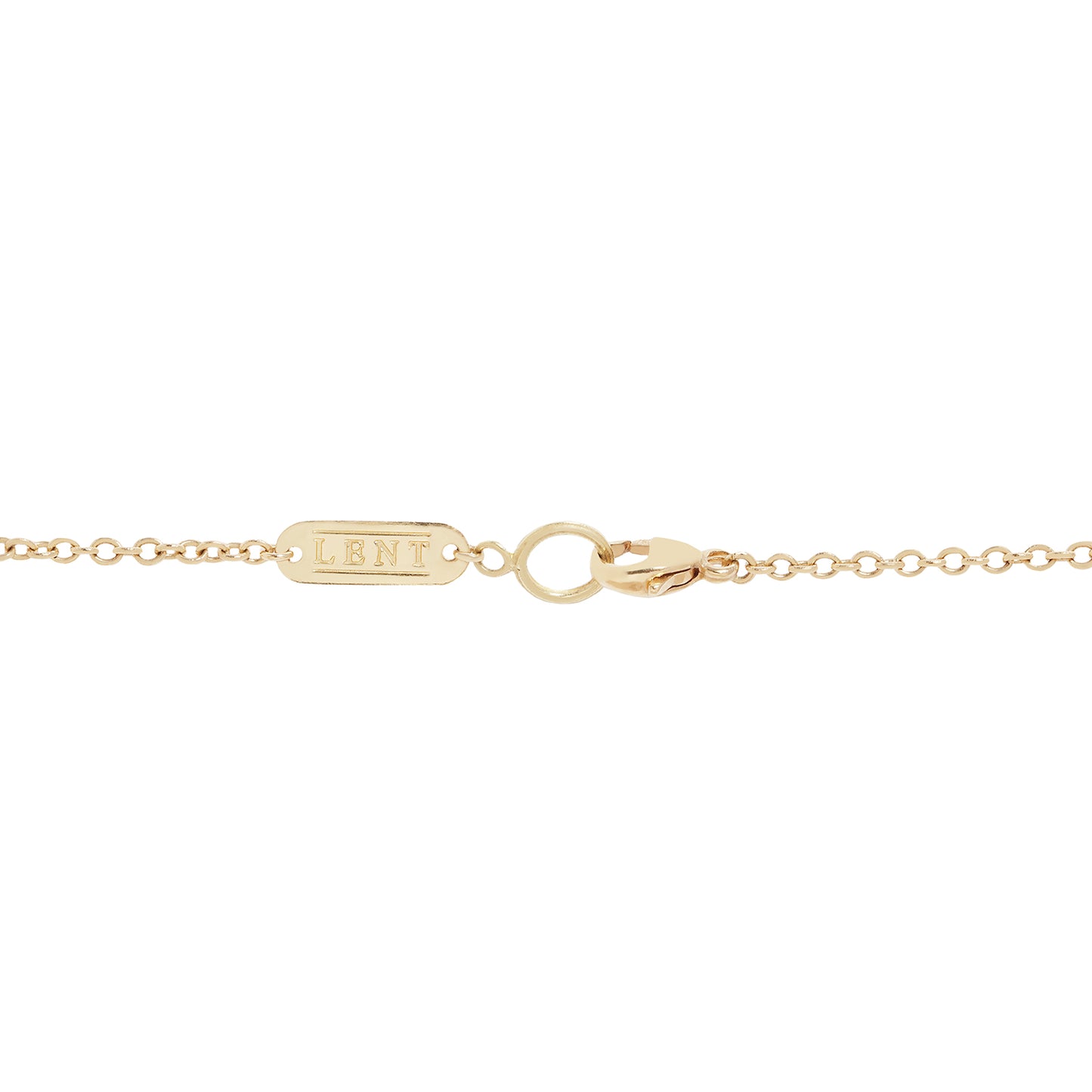Gold lobster clasp on a delicate gold chain with a gold rectangle tab engraved with LENT.