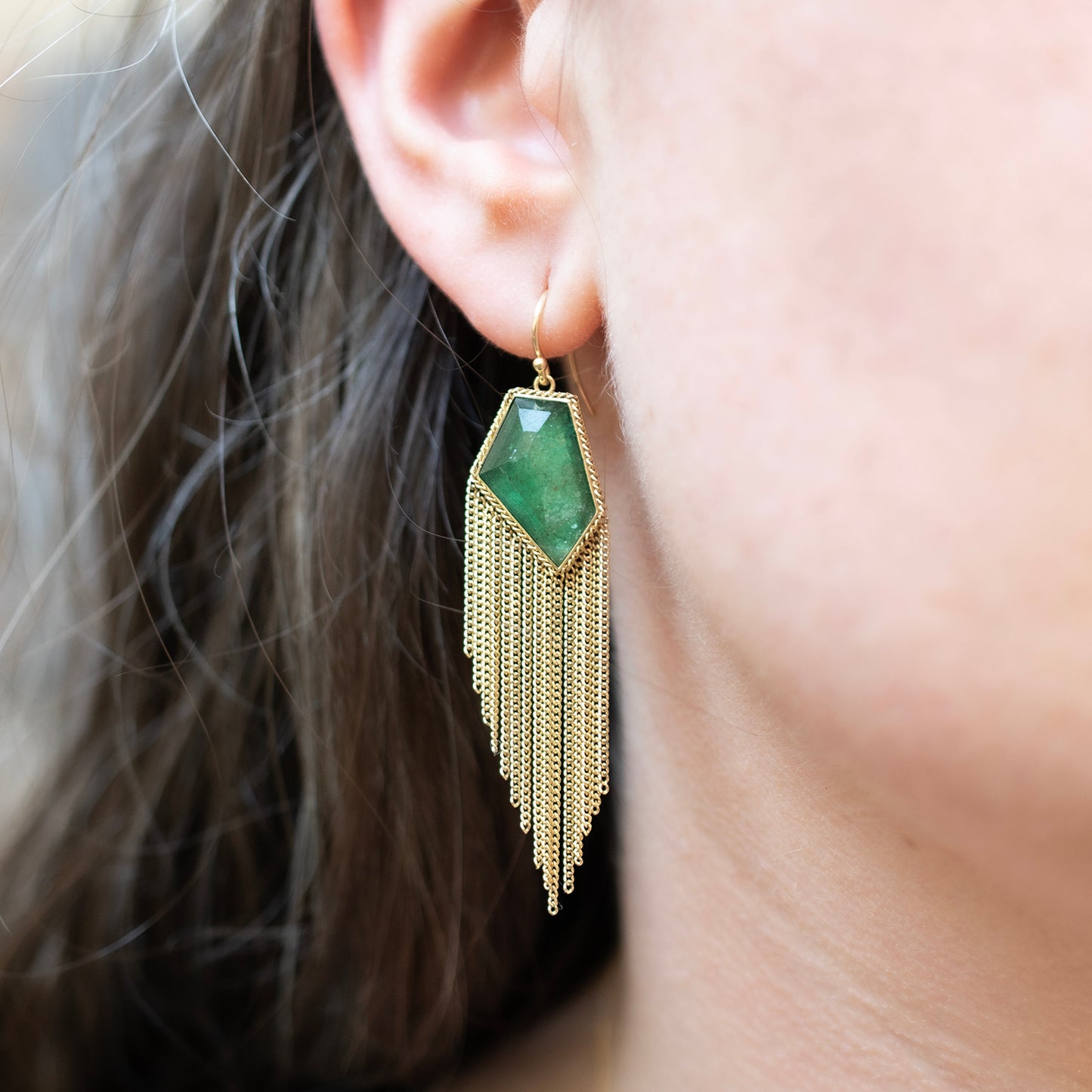 Emerald Gold Tassel Earrings