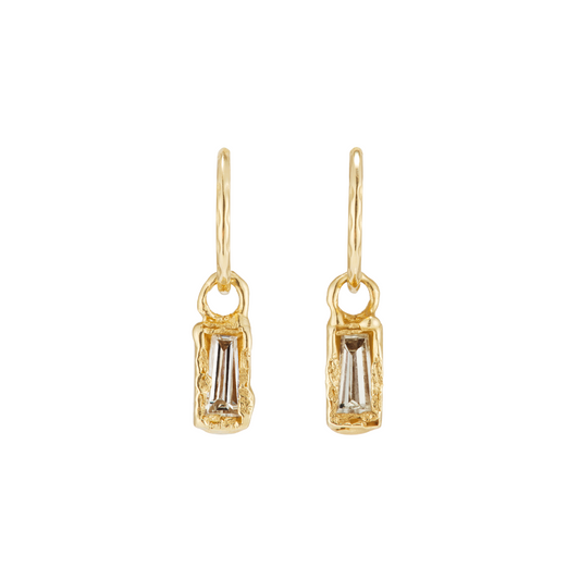 Ellis Mhairi Cameron - Gold earrings with rectangular gemstones on a white background