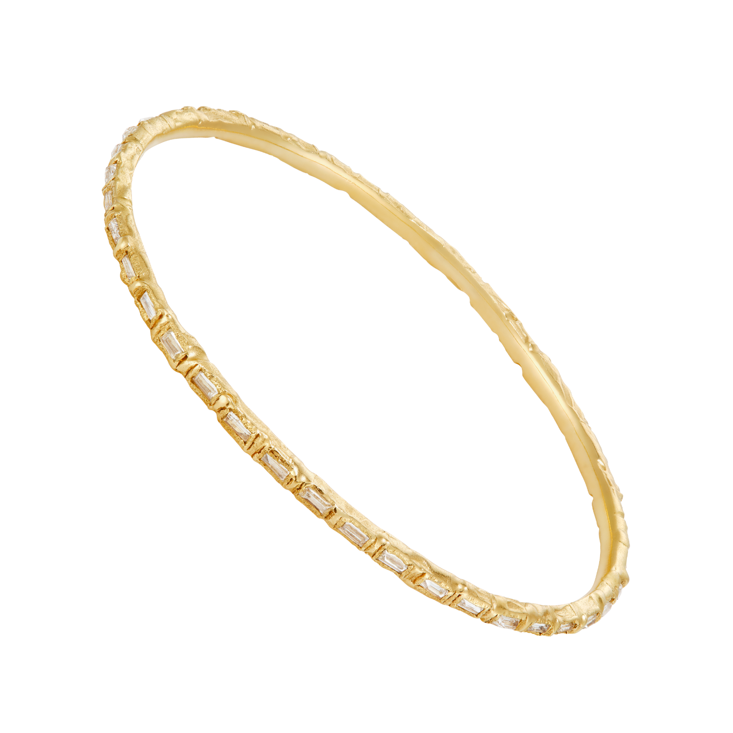 A gold bangle bracelet featuring a textured outer band and a smooth inner band paved with small rectangular clear stones, shown on a plain white background.
