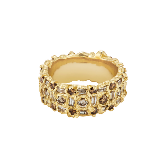 Ellis Mhairi Cameron - Gold ring with embedded stones on a white background