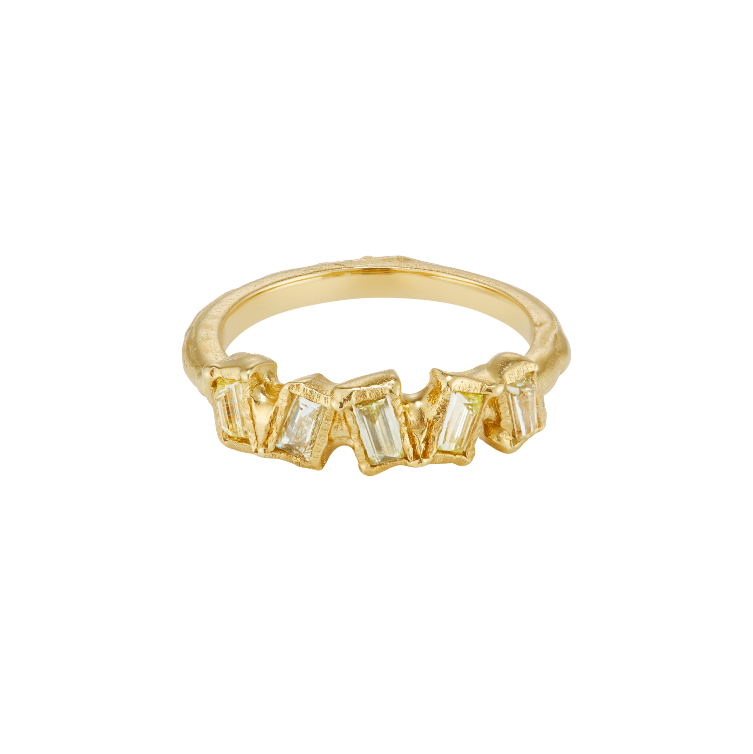 Ellis Mhairi Cameron - Gold ring with baguette-cut gemstones on a white background