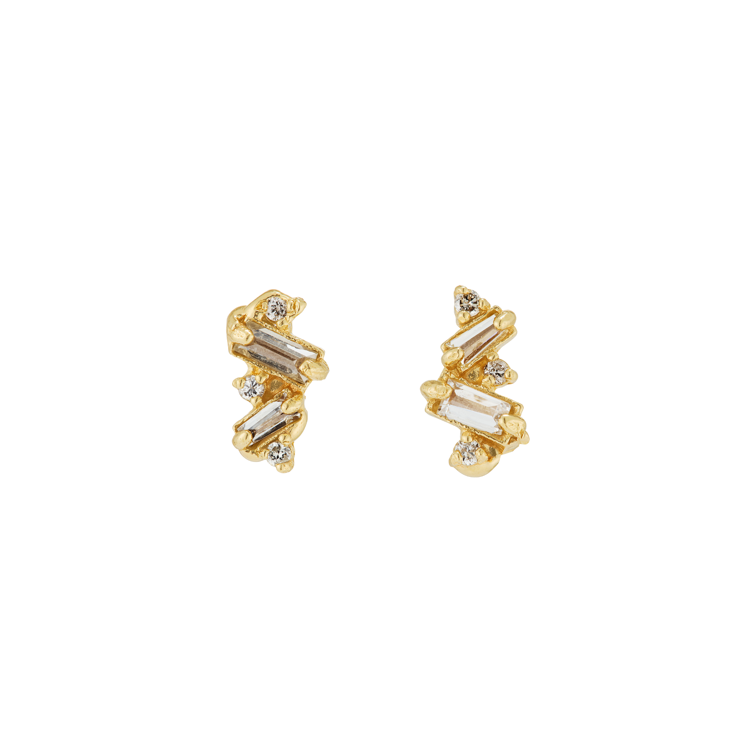 A pair of gold-toned stud earrings featuring baguette and round clear diamonds, displayed on a clean white background.