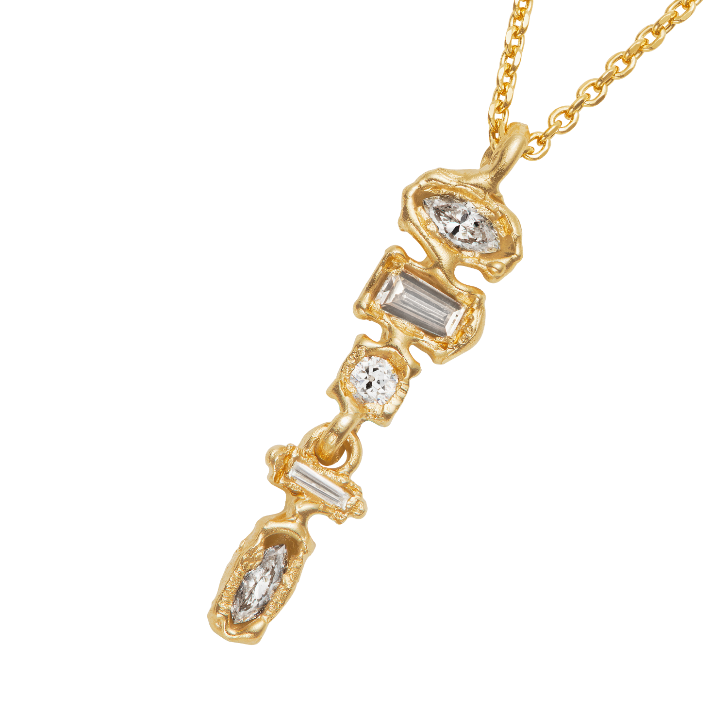 A gold pendant necklace featuring a vertical, multi-stone drop design with baguette, round, and marquise-cut clear gemstones, shown on a white background.