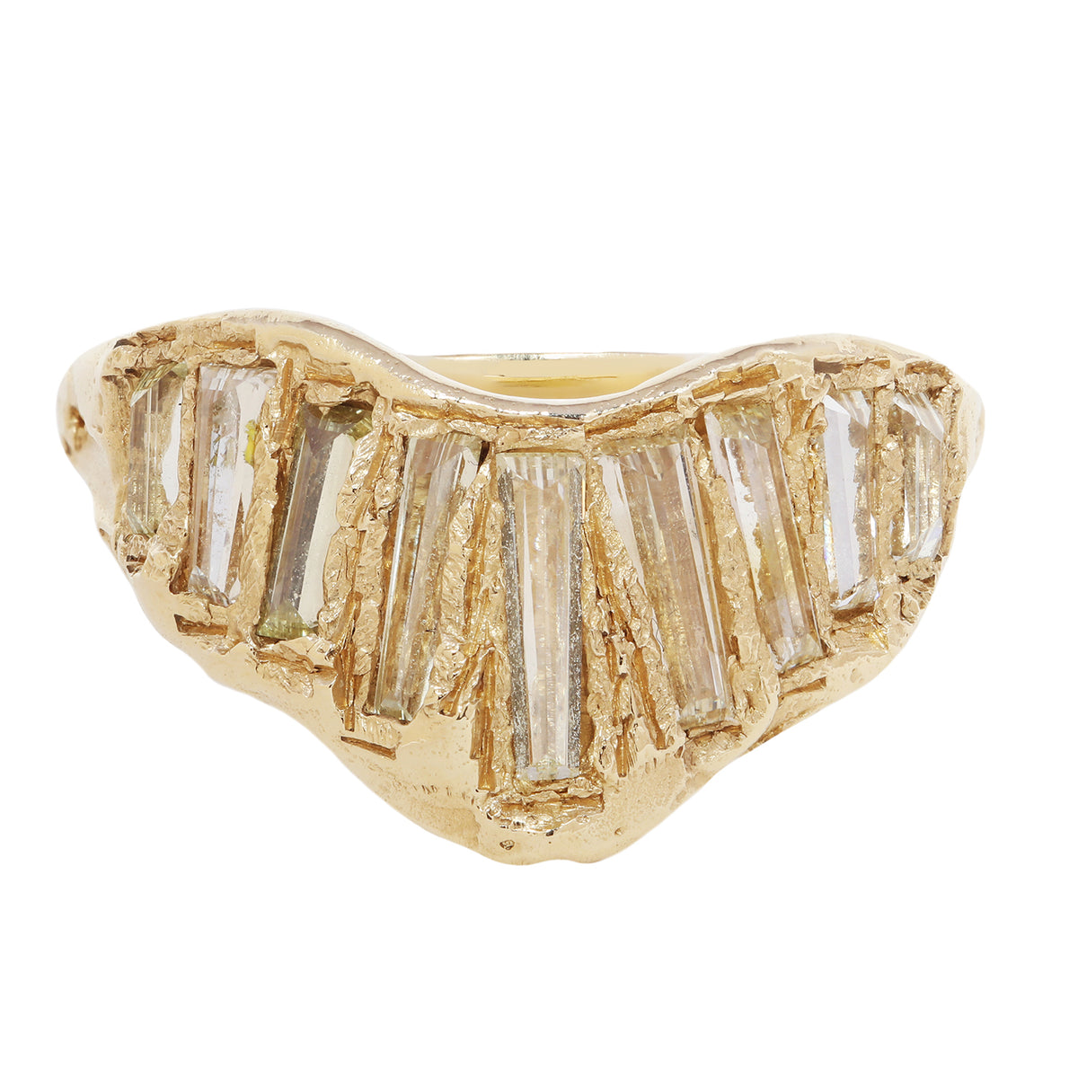 A gold ring featuring a wavy, organic shape with multiple baguette-cut clear diamonds set across the top, shown against a plain white background.