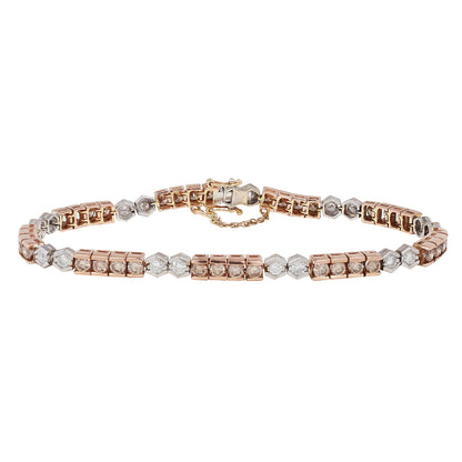 Rose gold and white gold diamond tennis bracelet on a white background