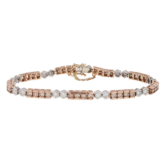 Rose gold and white gold diamond tennis bracelet on a white background