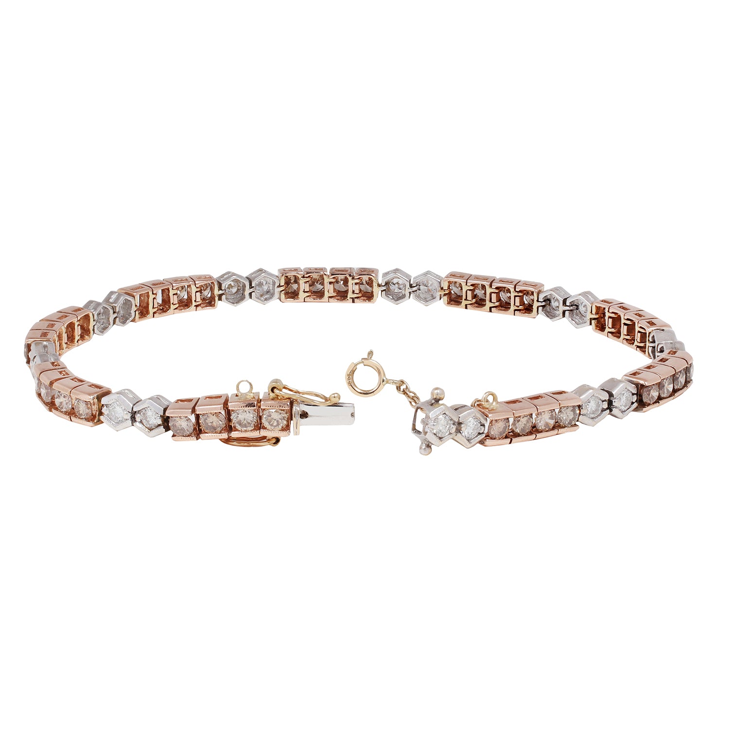 Rose gold and white gold diamond tennis bracelet on a white background