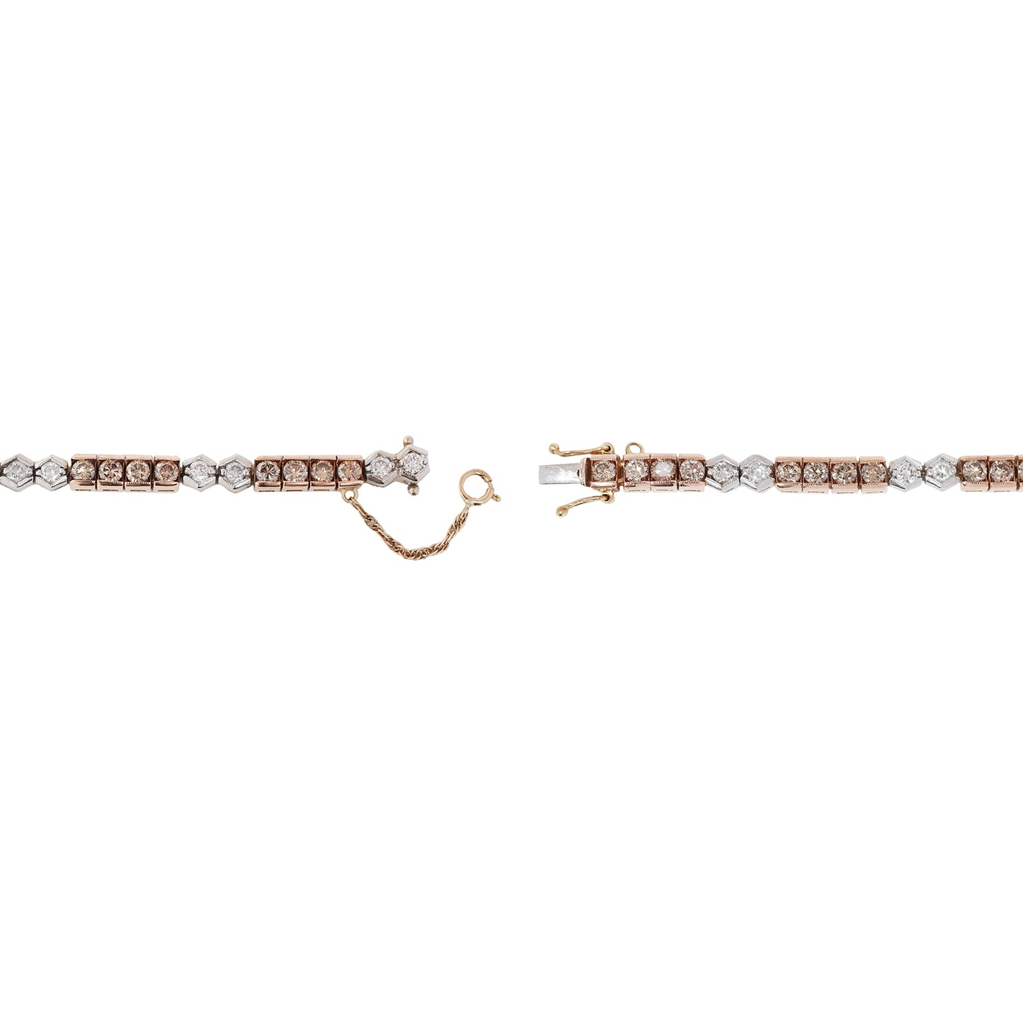 Rose gold and white gold diamond tennis bracelet on a white background