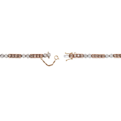 Rose gold and white gold diamond tennis bracelet on a white background