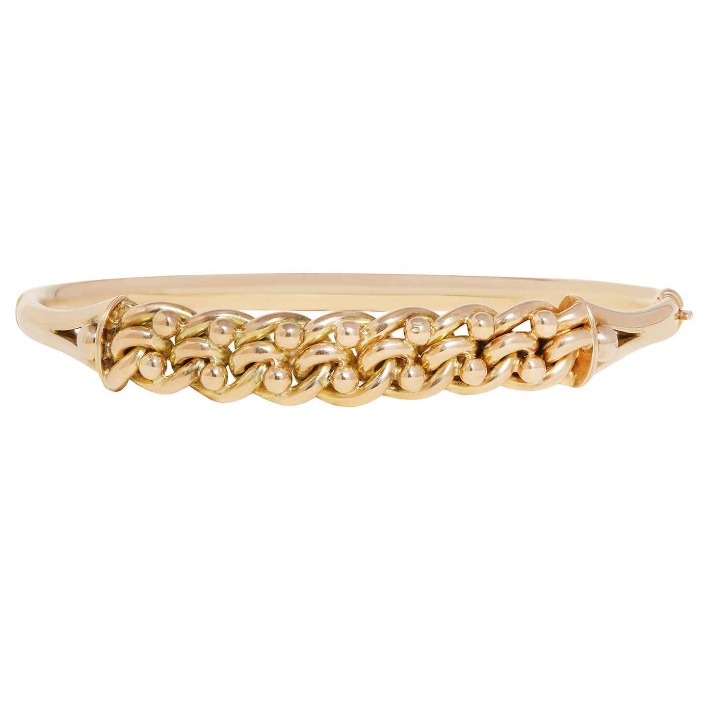 A gold bangle bracelet featuring a raised, textured chain-link pattern across the front, set against a plain white background.