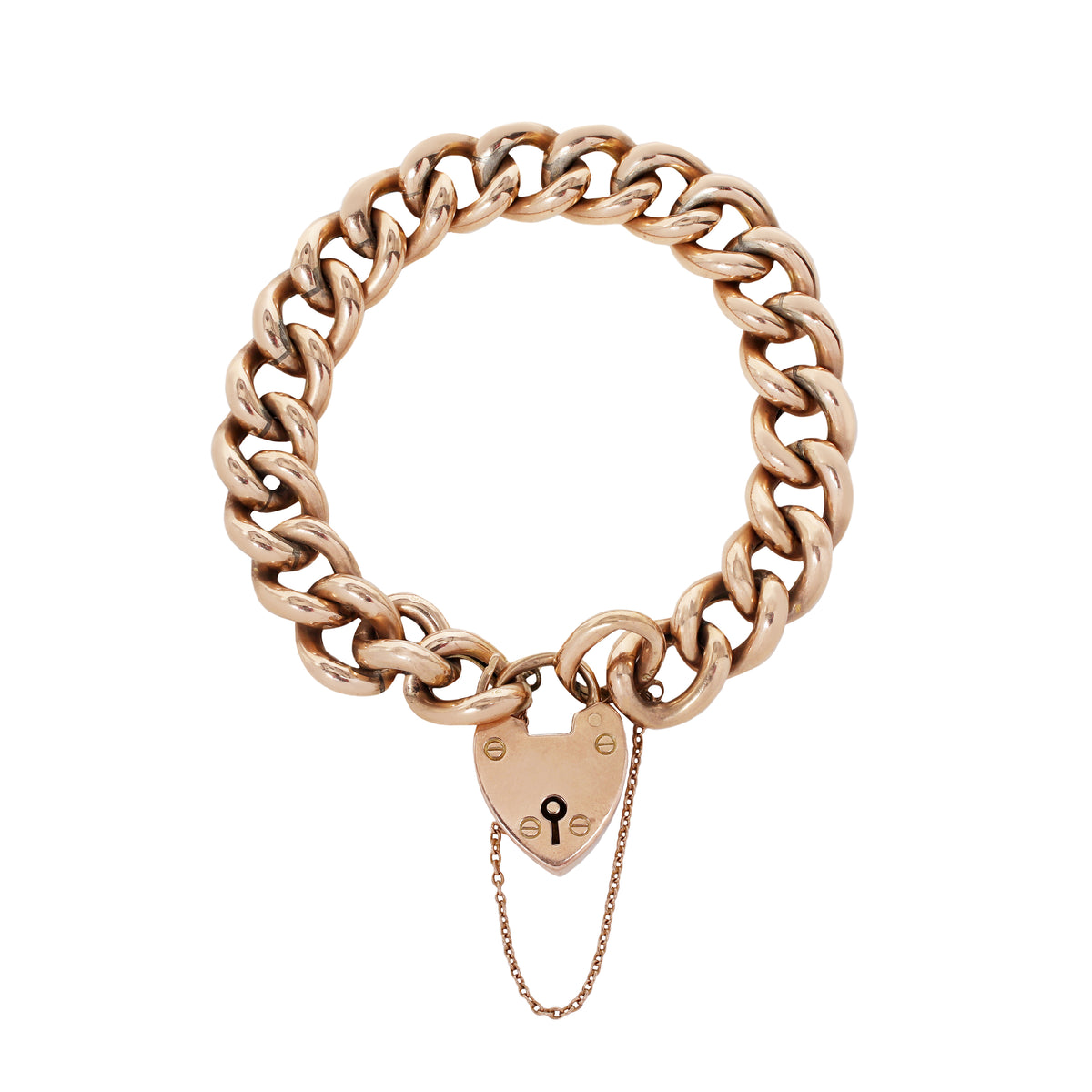 A gold chain bracelet with a heart-shaped padlock charm and a short attached chain, shown on a plain white background.