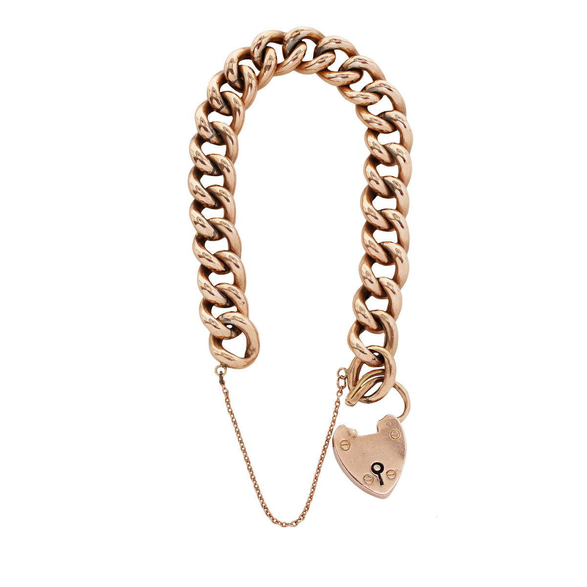 A gold chain bracelet with a heart-shaped padlock charm, displayed on a clean white background.