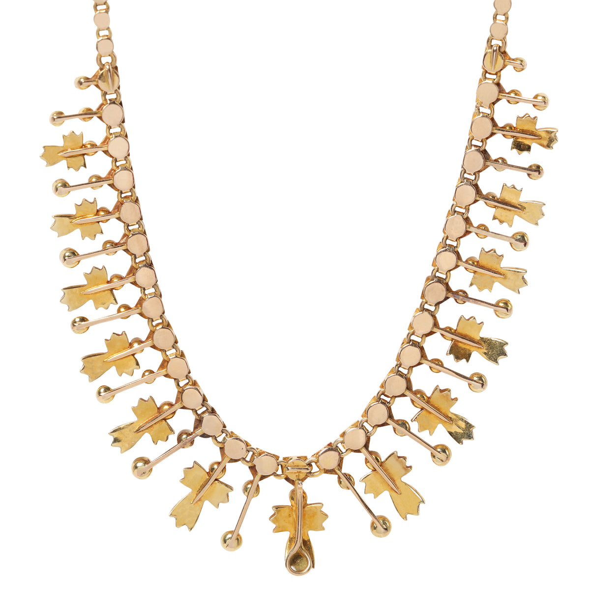 A gold necklace featuring multiple leaf shape charms and small circular links, displayed on a clean white background.