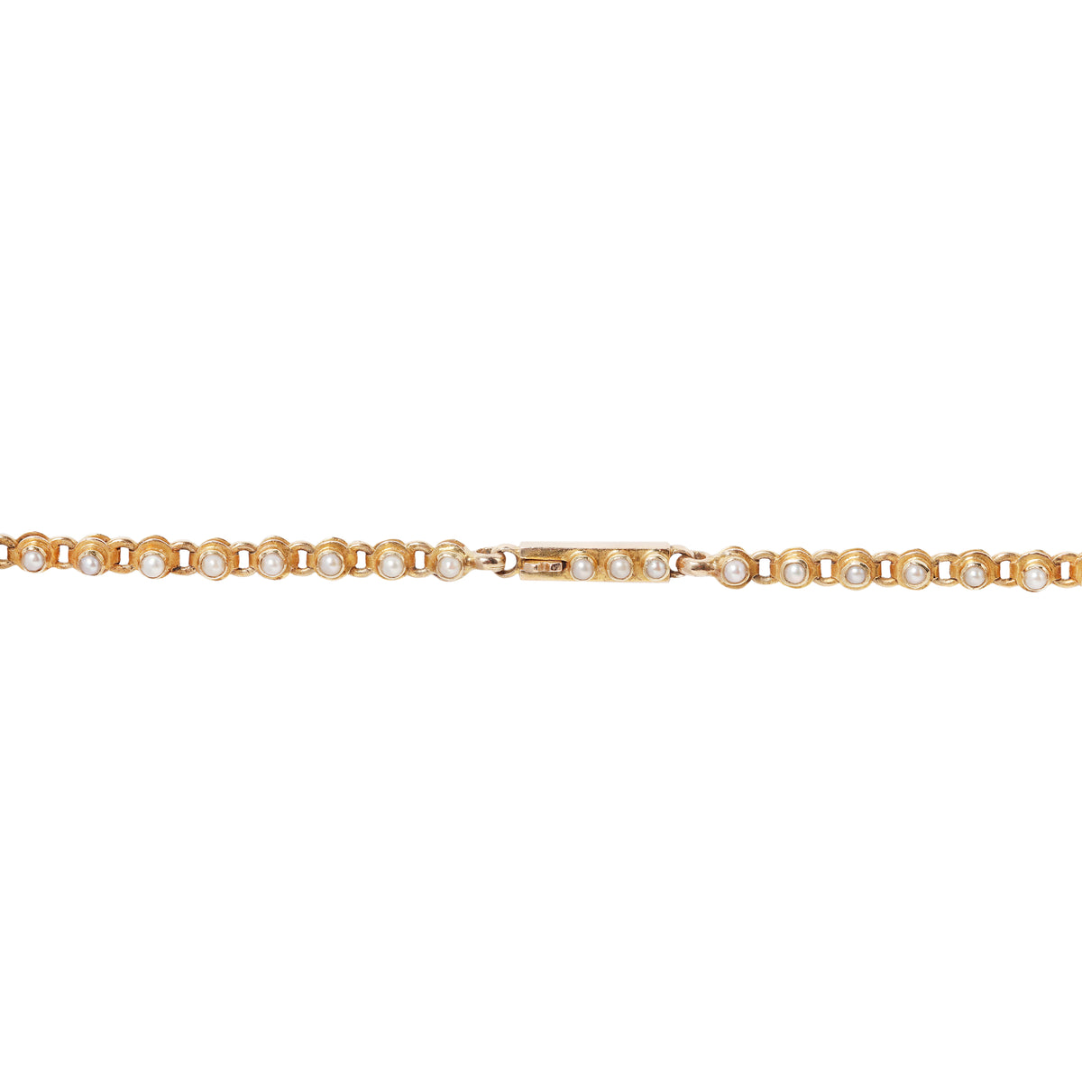 A delicate gold necklace featuring small pearls set in round bezel settings, shown against a plain white background.