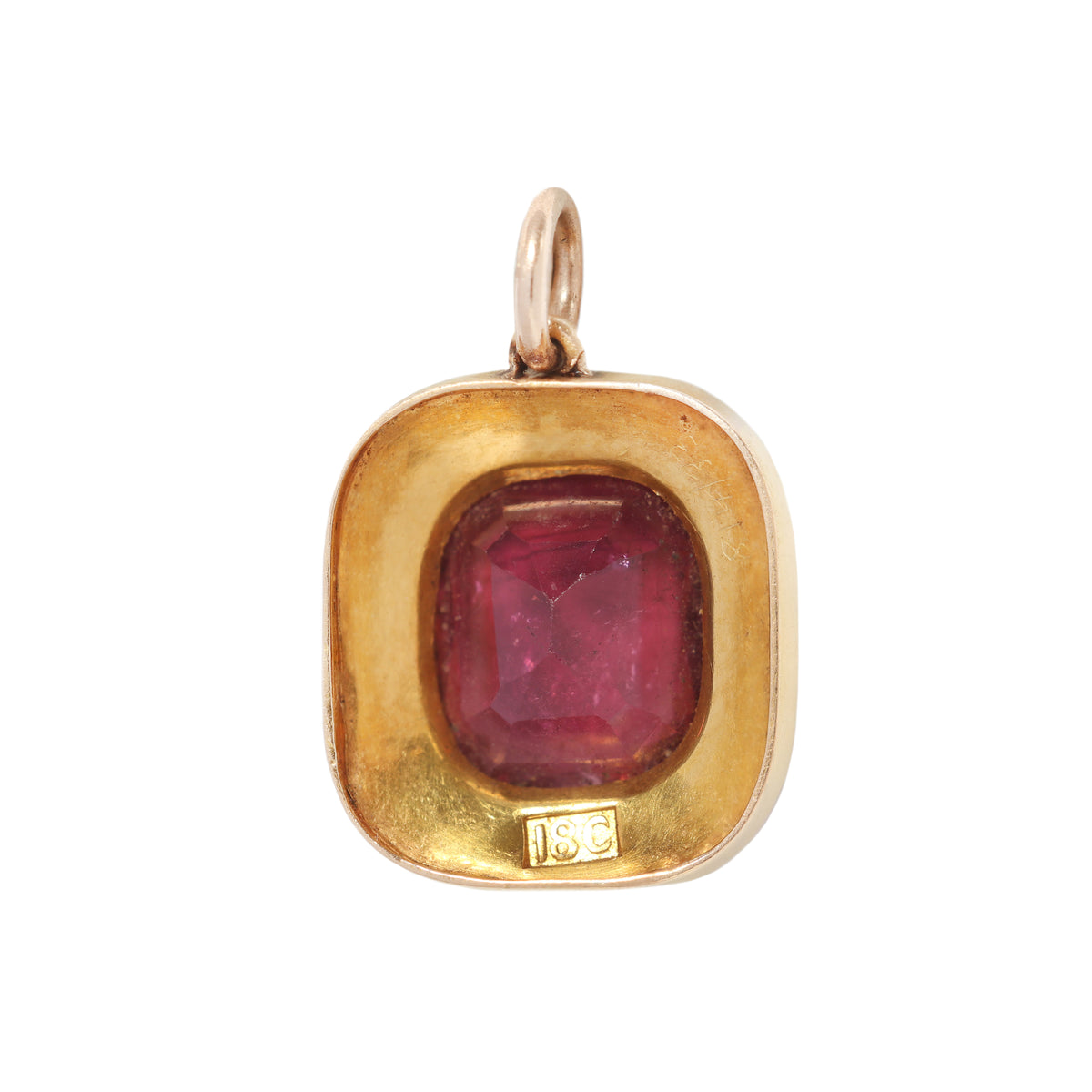 Antique pink red tourmaline and pearl necklace charm on a white background