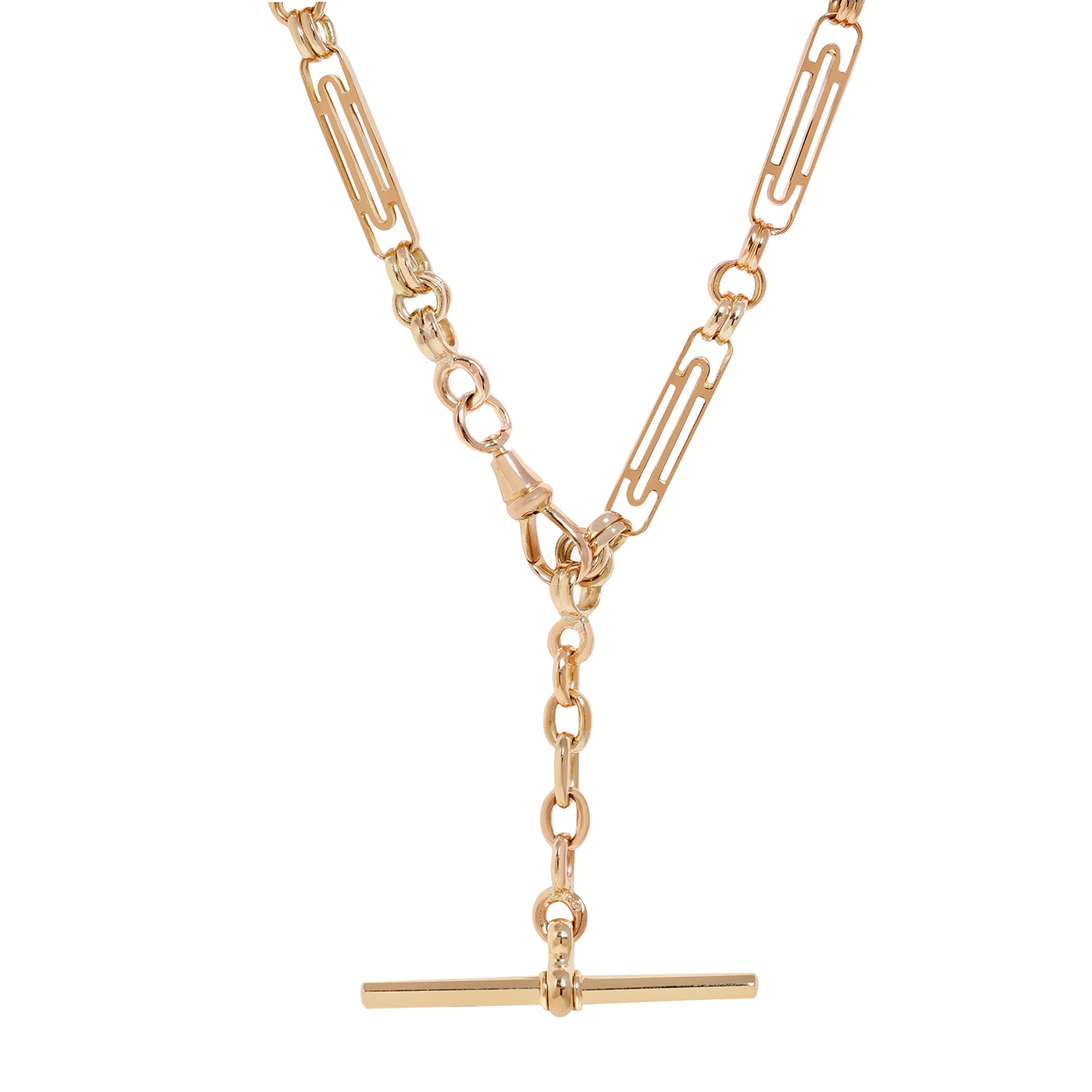 A gold-toned Y-shaped chain necklace featuring paperclip links, a small central connector, and a drop chain leading to a horizontal bar pendant, shown on a plain white background.