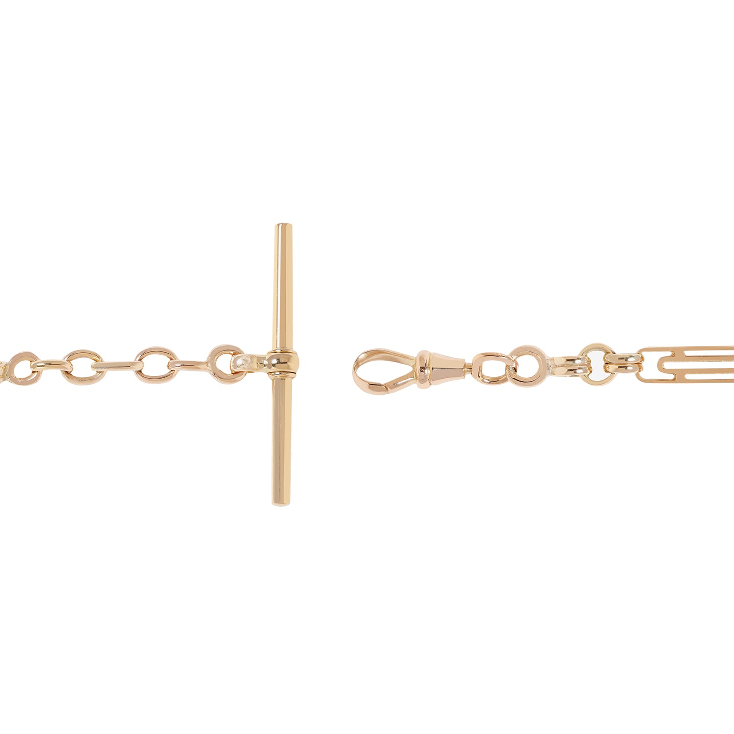 Close-up of a gold-tone chain bracelet showing a toggle clasp on the left and a dog clip clasp with extension links on the right, set against a plain white background.