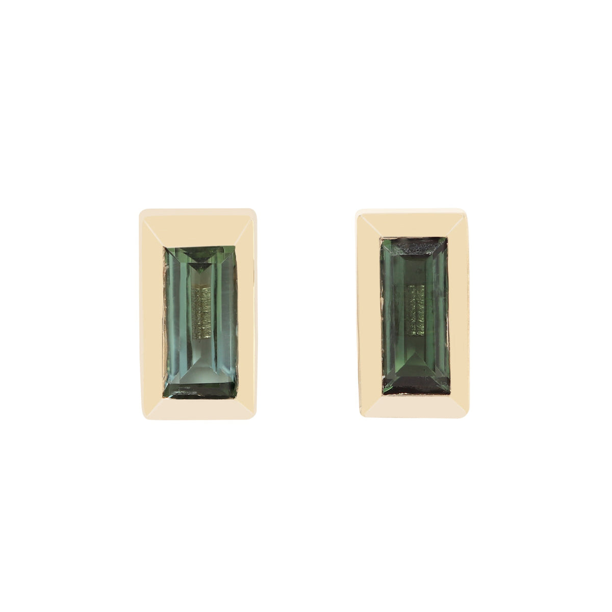 A pair of gold rectangular stud earrings with emerald-cut green gemstones, shown against a plain white background.