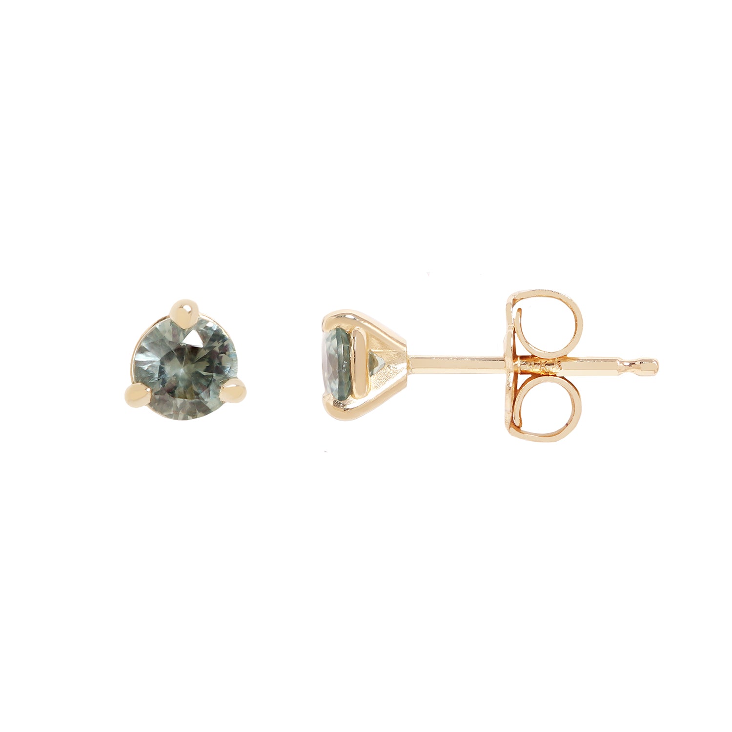 A pair of gold stud earrings with round-cut, faceted gray blue green gemstones, set in a three-prong setting against a plain white background.