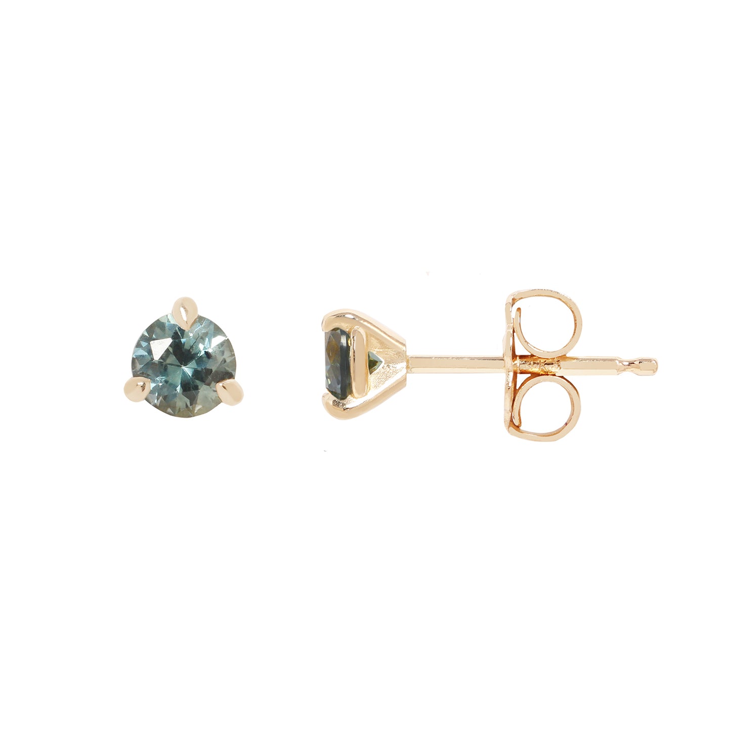 two small gold stud earrings with blue sapphires, against a white background.