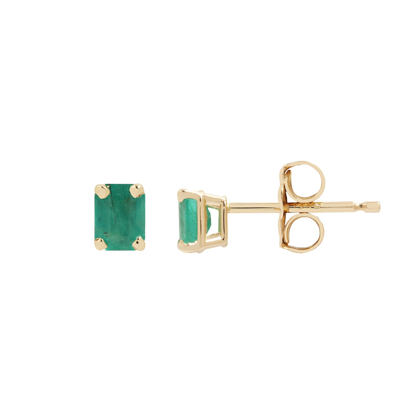 Gold earrings with green gemstones on a white background