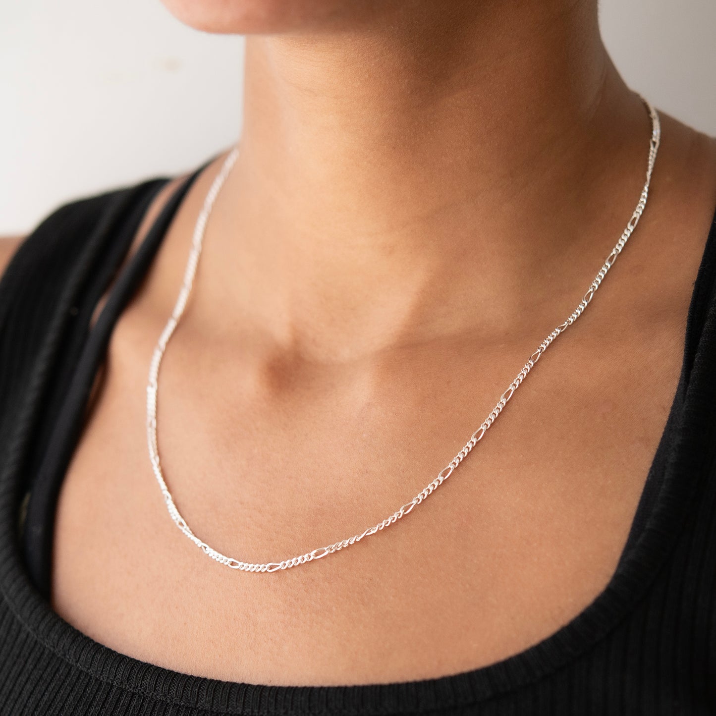 Thin Diamond-Cut Silver Figaro Necklace
