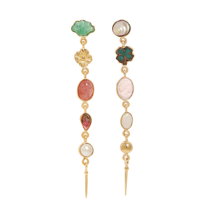 A pair of gold-plated dangle earrings with multiple colorful stone and enamel charms, displayed against a solid white background.