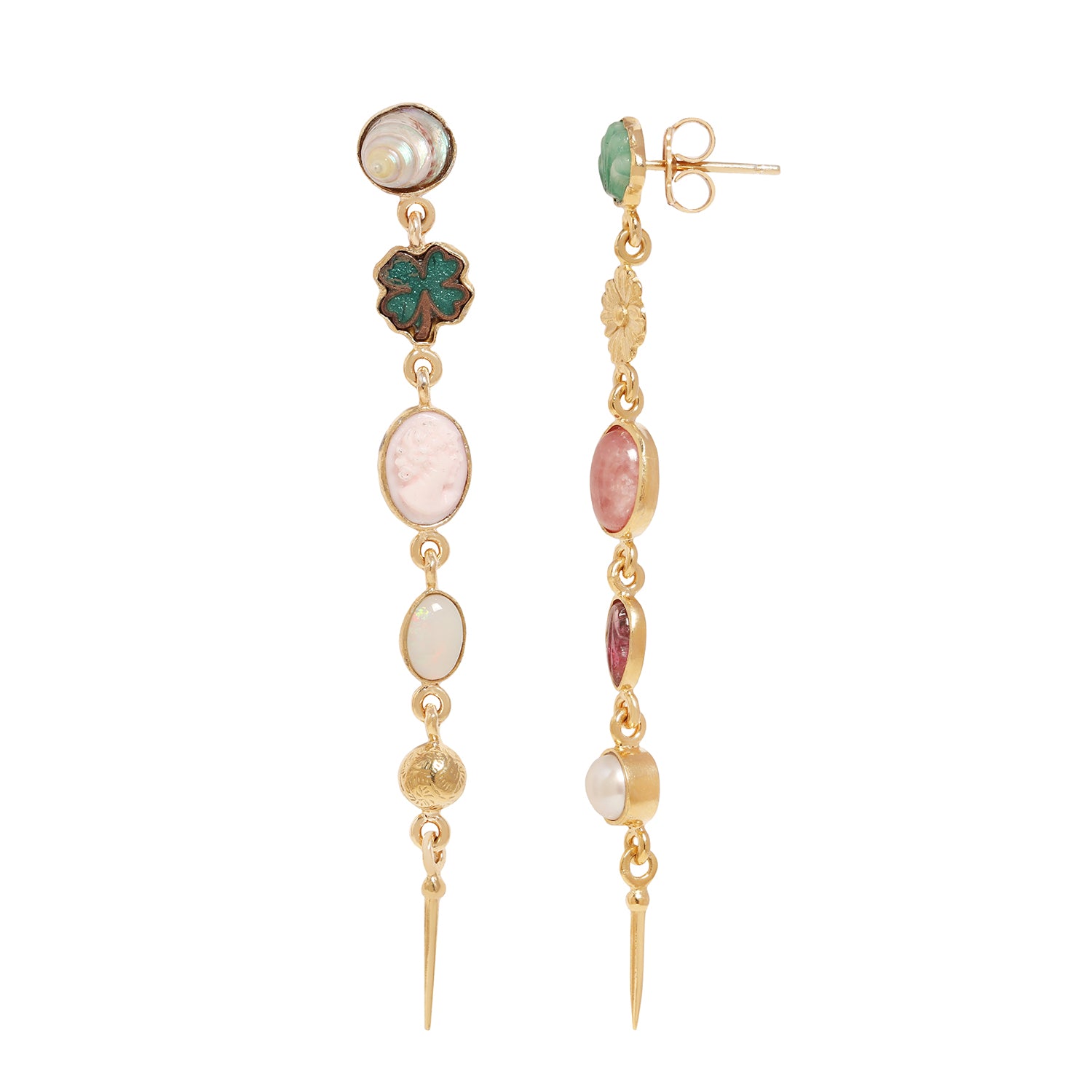 A pair of gold dangle earrings featuring a variety of colorful stones and charms, including a green clover, pink and white oval stones, and a pearl, shown against a plain white background.