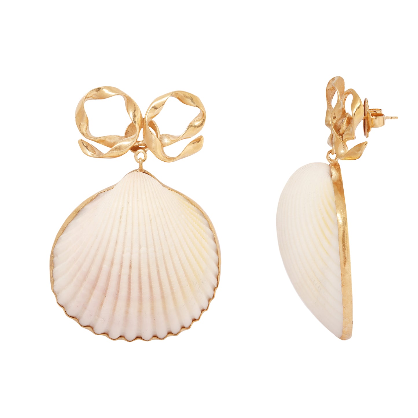 Shell-shaped earrings with gold accents on a white background